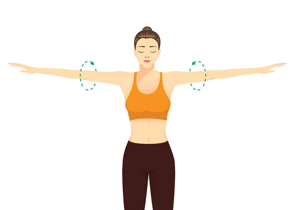 Woman performing arm circles as part of her shoulder warm-up routine.