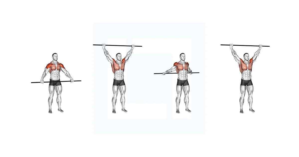 Individual performing shoulder pass-throughs with a rod for shoulder mobility.