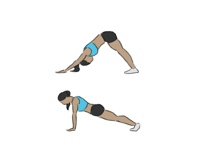 Woman transitioning from plank to downward dog pose, a bodyweight exercise for shoulder strength